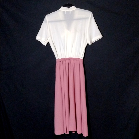 Vintage Jennifer Gee Cream and Pink Short Sleeve Midi Dress w/ Neck Tie Sz 14 - Picture 6 of 8